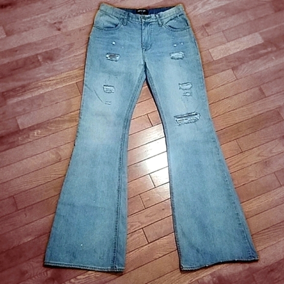 NASTY GAL WIDE LEG RETRO VIBE FLARED DISTRESSED HI-RISE LIGHT WASH JEAN - Picture 1 of 12